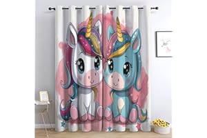 CozyRest Kinder Vorhänge Zwei süße Cartoon-Einhörner Ösen Gardinen mit Blickdichte Thermo Vorhang Kälteschutz Blackout Curtain Kinderzimmer Schlafzimmer Ösenvorhang Bunt H 214 x B 91.5 cm