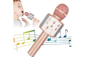 KIDWILL Micrófono de Karaoke Inalámbrico con Bluetooth para Niños y Adultos 5 en 1 Micrófono de Karaoke de Mano con Luces LED, Micrófono Portátil para Fiesta de Cumpleaños KTV Navidad (Oro Rosa)