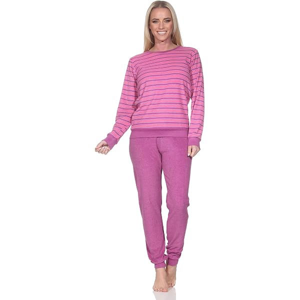 Normann Damen Frottee Pyjama – Langarm Mit Tiermotiv & Gestreifter Hose – Kuschelig Warm, Auch In Übergrößen