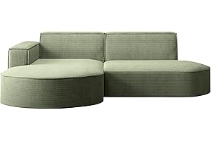 Kaiser Möbel, Ecksofa, Schlafsofa, Sofa Modena Studio Parma, Modern Design Couch, Polsterecke, Freistehend Sofa Wohnzimmer -Stoff Dicker Cord Poso Hellgrün Links