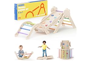 COSYLAND Triangle d’Escalade Montessori 8-en-1 – Arche Pliable en Bois, Parcours de Motricité pour Enfants 1–3 Ans, Structure Stable, Charge 80 kg, Coffret Cadeau Coloré (Classic Rainbow)