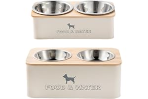 DANIEL JAMES HOUSEWARES Daniel James Elevated Dog Bowls - Raised Pet Food & Water Station for Small & Large Dogs - Double Feeding Stand with Non-Spill Dishwasher Safe Stainless Steel Bowls - Cream (Large)