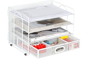 EasyPAG 4 Niveles Metal Malla A4 Bandeja Oficina Organizador Documentos Almacenamiento Papeles Soporte Archivador Clasificador Escritorio Estante Carta con Cajón,Blanco