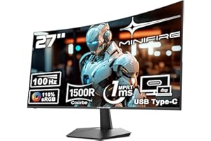 Minifire Écran PC Incurvé 27 Pouces Full HD (1920x1080) avec Haut-parleurs intégrés, 100Hz, 1ms, 1500R Eye Care et FreeSync, HDMI 1.4, USB-C 2.5W, VESA 100x100- Noir
