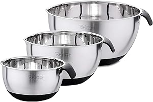 Velaze 3-Częściowy Zestaw Misek do Mieszania Premium ze Stali Nierdzewnej z Oznaczeniami Miarki, Wylewkami, Czarnymi Uchwytami i Antypoślizgową Podstawą Silikonową, Idealny do Gotowania i Pieczenia - Miski 1,5L, 3L I 5L