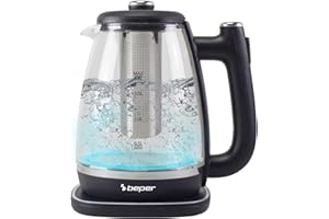 BEPER P101BOL200 Bollitore Elettrico in Vetro 1,8 L, Teiera Elettrica con Filtro, Base Rotante 360°, Spegnimento Automatico e Protezione Surriscaldamento – 2200W