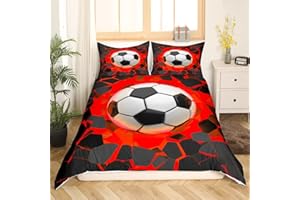Loussiesd Fußball-Bettwäsche 135x200 für Kinder, Sport Thema Bettbezug-Set Mädchen Damen Jungen Fußballmuster Bettwäsche Set Schwarz Rot Ballspiel Zimmerdekoration Bettbezug mit 1 Kissenbezug 80x80cm