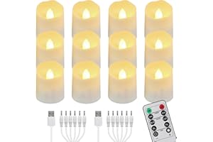 FREEPOWER 12 Candele LED Ricaricabili con Telecomando Timer Fiamma Tremolante, Luce Bianca Calda, Lumini LED Elettriche, Dimmerabili, con Cavi USB, Decorazione per Natale Halloween, 4 x 4.5cm