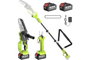 Supstable Motosega a Batteria Telescopica 6 Pollici & 33 mm Forbice Potatura a Batteria, 4 in 1 Kit Motosega e Forbici con 8000 mAh Batterie, Asta Telescopica 4,8 m, Regolazione Catena Senza Attrezzi
