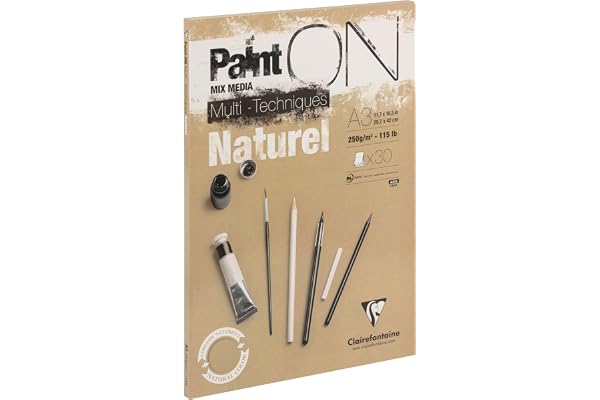 Clairefontaine 96541C Bloc Collé PaintON Multi-techniques - 30 Feuilles Papier Dessin Multi-techniques au Grain Légèrement Rugueux - Naturel - A3 29,7x42 cm 250g