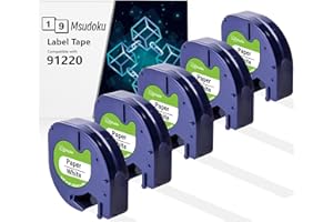 MSUDOKU Confezione da 5 Pezzi 91220 91200 S0721520 Compatibile con i Dispositivi Dymo LetraTag Nastro per Etichette in Carta Bianca 12 mm x 4 m per Stampanti di Etichette Dymo LetraTag XR LT-100H / LT-100T