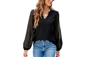 Atxnn Chemise Femme Hauts col V Chic Blouse Longues Manches Découpées en Dentelle, Elegant Chiffon Top Bubble Sleeve Casual Chemisier