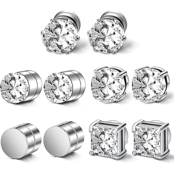 Boucles D’Oreilles Non Percées Flongo 6/8mm - 3 Paires Clips Magnétiques Zircon Argent Or Noir
