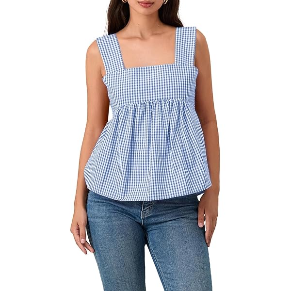Women Ruffle Hem Peplum Tank Tops Summer Sleeveless Plaid Tie Back