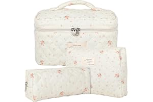 KOMABLEN 3pcs Reise Kosmetiktasche Set Damen, Baumwolle Kulturbeutel Set Damen Gesteppte Kulturtasche mit Blumenmuster, Make up Bag Aesthetic Schminktasche Cosmetic Bag für Kinder Damen