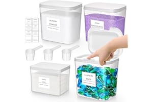 Lifewit 4 Pack Laundry Pods Container and Dryer Sheet Holder Set with Labels, Press and Pop Lid, Detergent/Powder/Capsule/Pot/Washing Tablets Storage Holder for Laundry Room, Bathroom Organisation