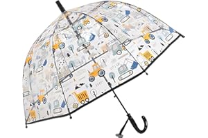 Meichoon Ombrello per bambini con manico a bastone Modello Bulldozer Ombrello trasparente 70cm/27,5" Cupola Apertura automatica Antivento e Antipioggia per bambini di 3-8 anni