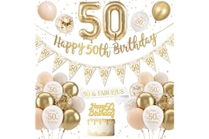 DJLLA 50th Birthday Decorations for Women - Sand White Gold Banner, Balloons, Triangle Flag Number 50, Cake Topper for Party