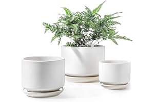 LE TAUCI Pot de Fleurs en Céramique, 11+13+17 cm, Lot de 3, Pot avec Trou de Drainage et Soucoupe, Pot d’Intérieur avec Tapis en Maille, Cadeau pour Maman/Mère, Blanc