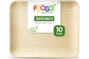 FOOGO Green 10 Disposable Palm Leaf Serving Trays, Large 12x10 inch (30x25cm), for Platters, Starters, Wedding Parties, Charcuterie Board, Eco Friendly, Biodegradable Wooden Trays for Hot Food