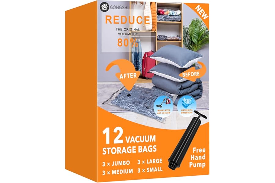 GONGSHI Vacuum Storage Bags (3 x Jumbo, 3 x Large, 3 x Medium, 3 x Small), Space Saver Sealer Compression Bags with Travel Hand Pump