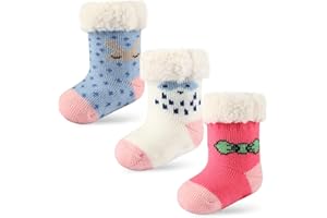 Wobon 3 Pairs Toddler Girl Boy Sherpa-lined Fuzzy Socks Anti Skid with Grips, Baby Girl Boy Christmas Socks Kids Slipper Socks