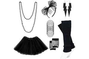 shengo 1980s Party Costume Accessories Set, 80s Fancy Dress for Women Girls, Tutu Skirts Lace Headband Earrings Fishnet Gloves Leg Warmers Neon Necklace Bracelet, Retro Outfit for 80s Party