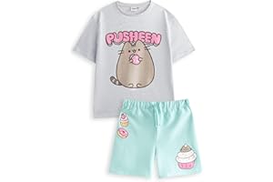 Pusheen the Cat Conjunto Niña Camiseta Gris y Shorts | Camiseta con gráfico verde menta y cinturilla elástica | Ropa casual de manga corta | Mercancía