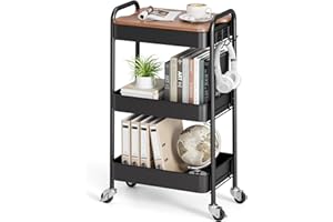 ‎KINGRACK KINGRACK Rollwagen mit 3 Ebenen, Metallwagen mit abnehmbarem Holztablett, Aufbewahrung, Kunstwagen, Trolley, Organizer, Servierwagen, einfache Montage