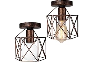 iDEGU 2 Piezas Lámparas de Techo Vintage Diseño Retro Industrial Luz Colgante de Jaula Metal LED Plafón Techo E27 Iluminación de Interior para Salón Pasillo Restaurante Café (15cm Hexágono, Óxido)
