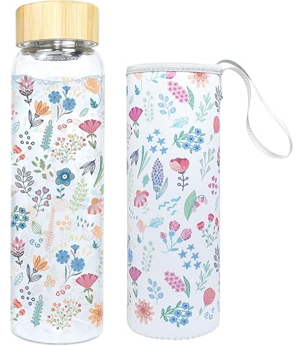 Glazen Drinkfles 1 Liter Met Tijdsaanduiding – BPA-vrij, Beschermhoes Met Bloemenprint, Roestvrijstalen Zeefje, Blauw-paars