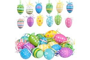 Jangostor 24 Pezzi Uova di Plastica Dipinte - 6 cmi Appese Uova di Pasqua Decorazioni con Vari Stile Punti Strisce Fiori per Albero Scuola Casa Ufficio Articoli Feste Decorazione Pasquale