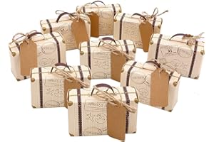 Hodeacc Travel Themed Candy Boxes,100Pcs Mini Suitcase Vintage Kraft Wedding Favours Boxes with Tags and Burlap Twine for Wedding Bridal Shower/Kids Birthday Party Decor