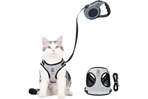 Aedcbaide Zestaw uprzęży i smyczy dla kota, miękkie szelki dla małego psa z automatyczną teleskopową liną trakcyjną 5 m, regulowana, odporna na ucieczkę, uprząż dla szczeniaka z smyczami, odblaskiem