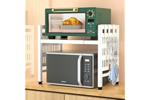 ZLPBAO Mensola Microonde Estensibile 2 Livelli con 6 Ganci, Regolabile Due Livelli Microonde Scaffale, Scaffale Salvaspazio Acciaio Carbonio Ripiano Contatore Cucina Organizzatore Ripiani