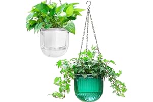 Melphoe Lot de 2 pots de fleurs suspendus à arrosage automatique d'intérieur - Panier suspendu de 16,5 cm - Avec trous de drainage - Émeraude + transparent