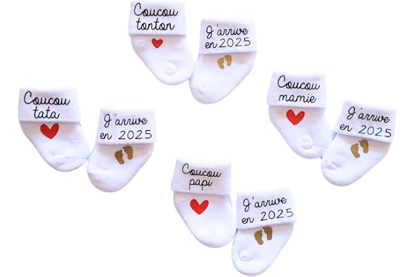 Chaussettes d'annonce de grossesse pour bébé - thème coucou j'arrive en 2025 (coucou papa)
