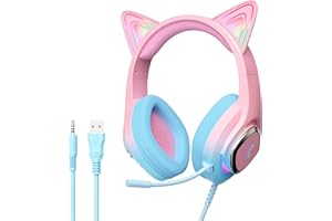 Mytrix Cat Ear Gaming Headset Compatible with PS4, PS5, Xbox, PC, MAC, Switch, Gradient Pink Blue Wired Headphones with 360° Rotation Microphone, Surround Sound, Soft Earmuff, RGB Light Effect