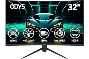 ‎ODYS ODYS XP32 PRO-X - Curved Gaming Monitor 32 Zoll (80 cm), 180 Hz, WQHD (2.560x1.440 px), 1ms Reaktionszeit (MPRT), 400 cd/m², HDR, 1500R, FreeSync/G-Sync, 120% sRGB, Eye Care, 2X HDMI, 2X Display Port