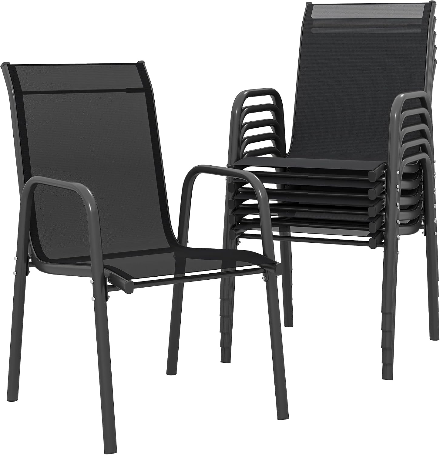 Outsunny Juego de 6 Sillas de Jardín Exterior Apilables, Sillas Terraza Exterior con Reposabrazos, Asiento y Respaldo de Malla Transpirable, Estructura Metálica Resistente, 51x69x87 cm, Negro