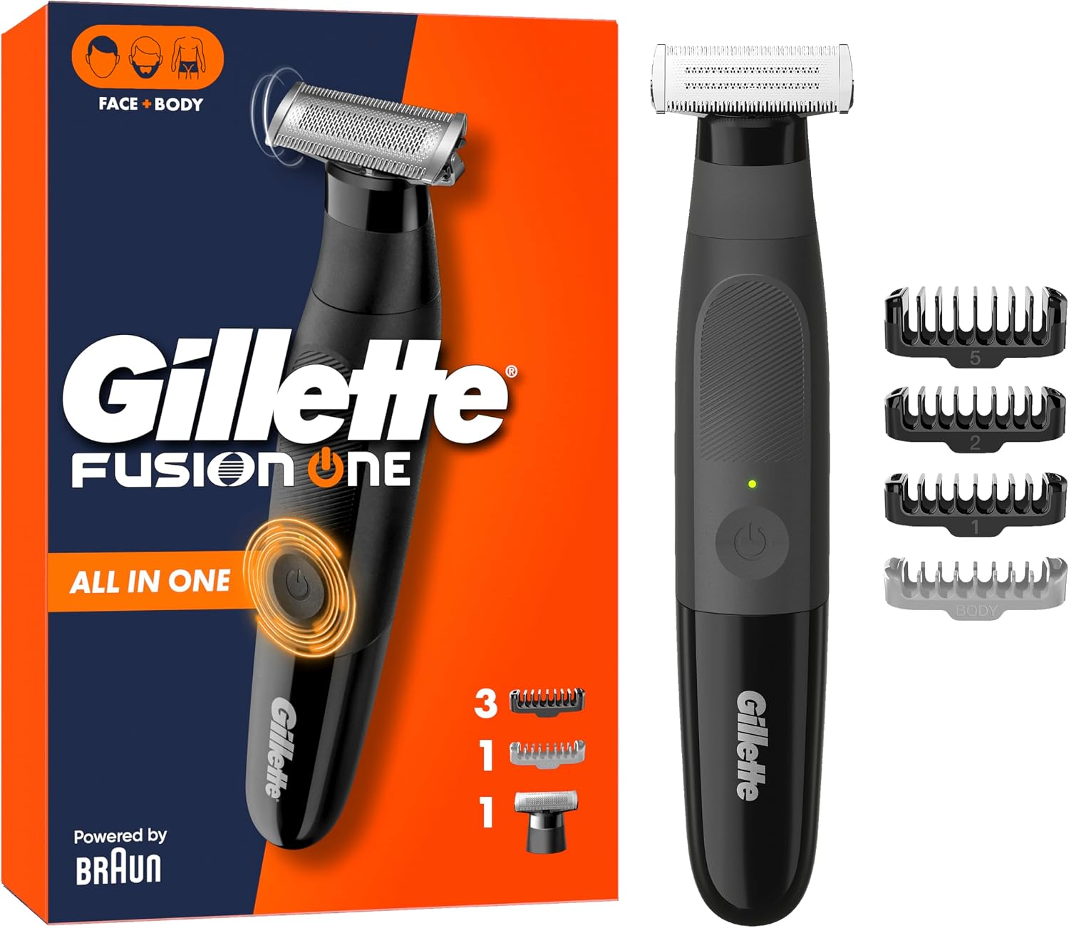 Gillette Fusion One Recortadora de Barba Y Afeitadora Corporal, Barbero Todo en Uno para Cara Y Cuerpo, Cabezal Pivotante, 4 Peines, Resistente al Agua, Inalámbrica, 45 Min de Uso, Recorta Y Afeita