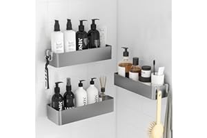 Kitsure 3 Pack Rustproof Shower Caddy - 3 Shelves, Drill-Free & Quick-Dry Shower Organizer, Rustproof Bathroom Shelves with 4 Hooks, Large, Silver