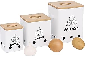 ‎RELAXDAYS Relaxdays Pudełko do przechowywania ziemniaków, cebuli, czosnku, zestaw 3 sztuk, z otworami, metalowa, bambusowa pokrywka, prostokątne, białe/naturalne