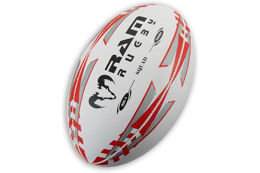 Ram Rugby Squad Trainer Rugby Ball (Size 5, 4 & 3) Club Quality Rugby Training Ball. Hand stitched, 3 ply, 3-D Grip for ultimate Passing & Catching Control – Suitable for Adults, Kids & Children