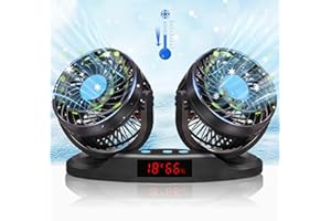 CHERUBFUNZ Ventilatore Auto, Ventilatore a Doppia Testa 12V, 12 Velocità e Rotazione a 360°, 5" Display LED di Temperatura e Umidità, Ventilatore di Raffreddamento per Auto Camion Furgone SUV Barca