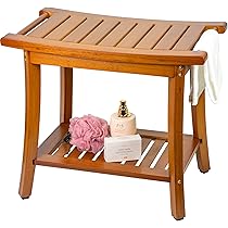 Sgabello Doccia In Teak VaeFae Con Ripiano Portaoggetti E Piedini Antiscivolo