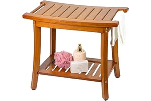 Utoplike Bamboo Shower Bench for Inside, Brown Bathing Stool with Handles, Storage Shelf, Wooden Bathroom Seat for Toiletries organisation and Bedroom