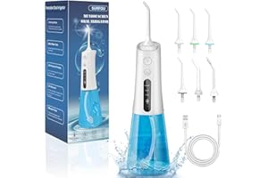 SURFOU Opryskiwacz stomatologiczny i irygatory 3 tryby 4 ciśnienie wody 6 końcówek, prezenty świąteczne IPX7 wodoodporny akumulator USB-C i zbiornik na wodę 300 ML do podróży i użytku domowego