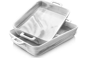 MALACASA Serie Bake,Set di 2 piatti da forno rettangolari in porcellana marmo, 3600 ml, 3000 ml, stampi per forno e pasticceria resistenti e stampi per soffiato