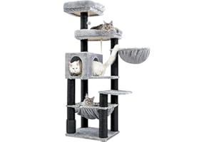 Hey-brother Árbol rascador XXL para gatos Maine, 168 cm, para gatos grandes, con hamaca, poste de sisal (φ11 cm) y peine, 2 plataformas, cueva, cesta, gris claro EMPJ01W